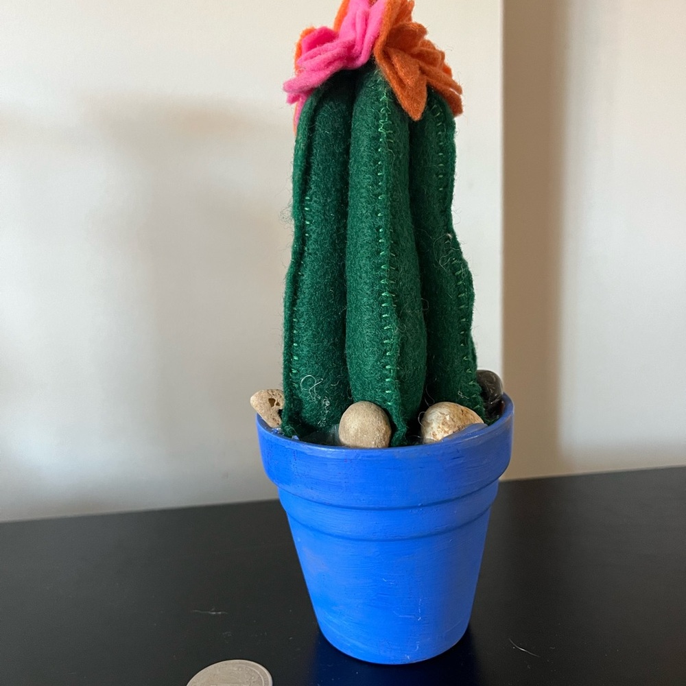 New Handcrafted Green Cactus in Blue Pot